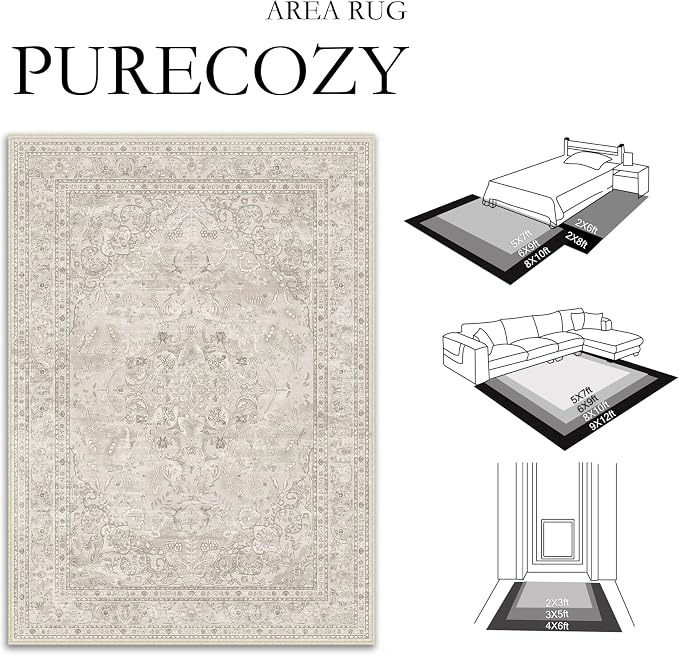 Beige 6x9 Area Rug Washable Vintage Carpet - Image 2