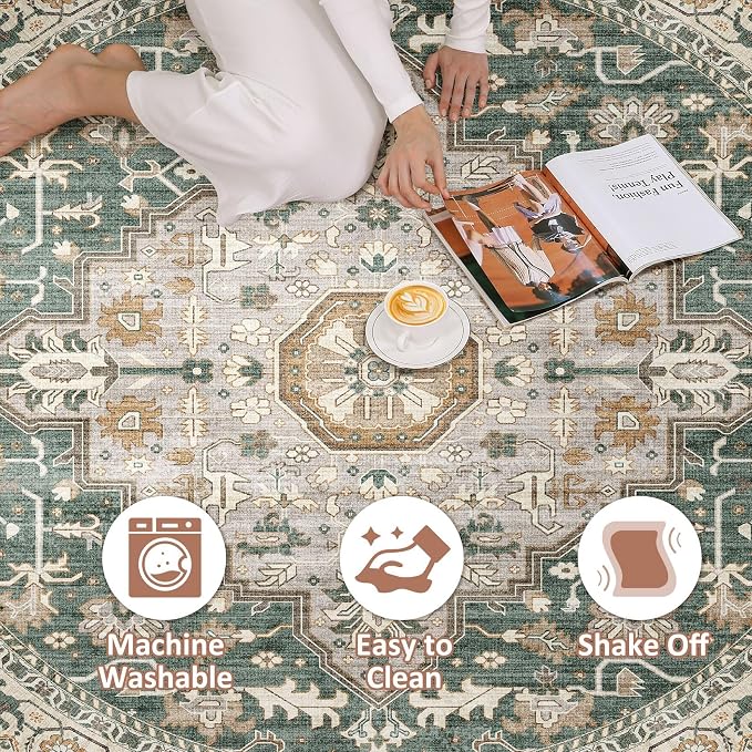 Round Rug Living Room Rugs: 5x5 Washable Boho Neutral Large Circle Soft Indoor - Image 2