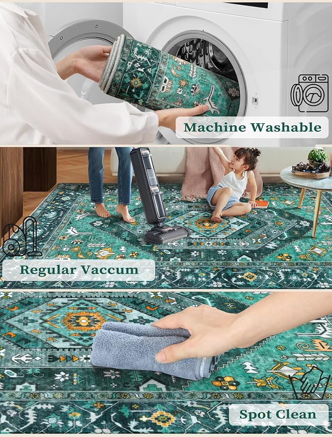 SERISSA Boho Washable Runner Rug, 2x5 Rug Runner Non-Slip Vintage Teal Hallway - Image 2