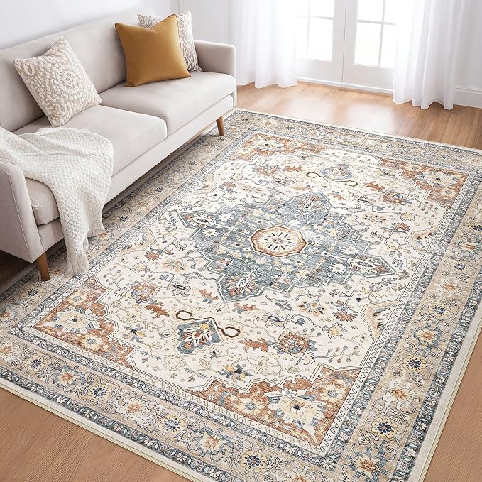 5x7 Area Rugs Living Room: Washable Boho Large Neutral Vintage Soft Rug Stain by LOONGRUG