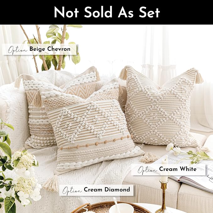 BlissBlush Cream White Boho Throw Pillow Cover 20X20, Boho Woven Textured - Image 4