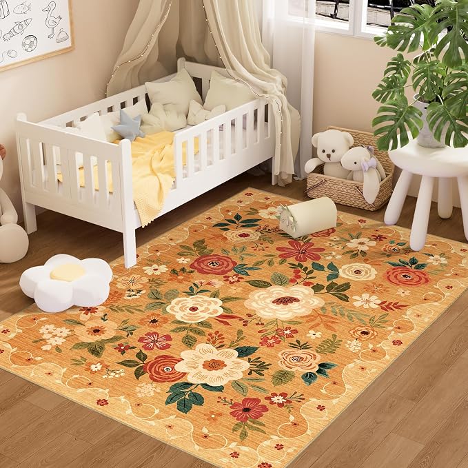 DUKINO 4x6 Area Rug, Lightweight Non Slip Washable Floral Rug, Indoor Low Pile by DUKINO