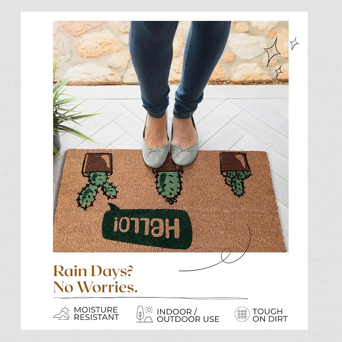 Coir Door Mats 17" X 30", Non-Slip Sturdy, PVC Backed Heavy Duty, Hello Cactus - Image 9