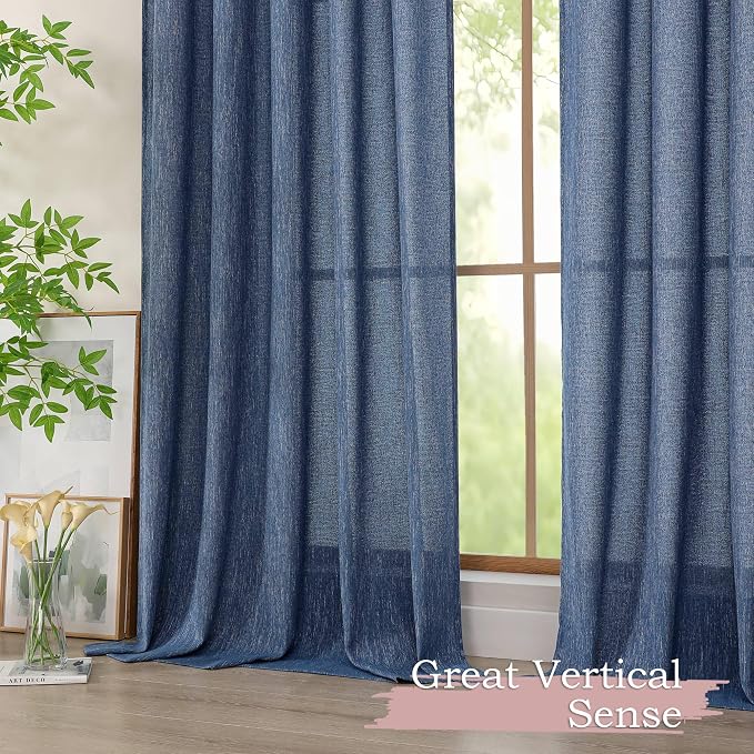 Simplebrand Navy Blue Faux Linen Textured Curtains 63 Inch Length 2 Panels - Image 7