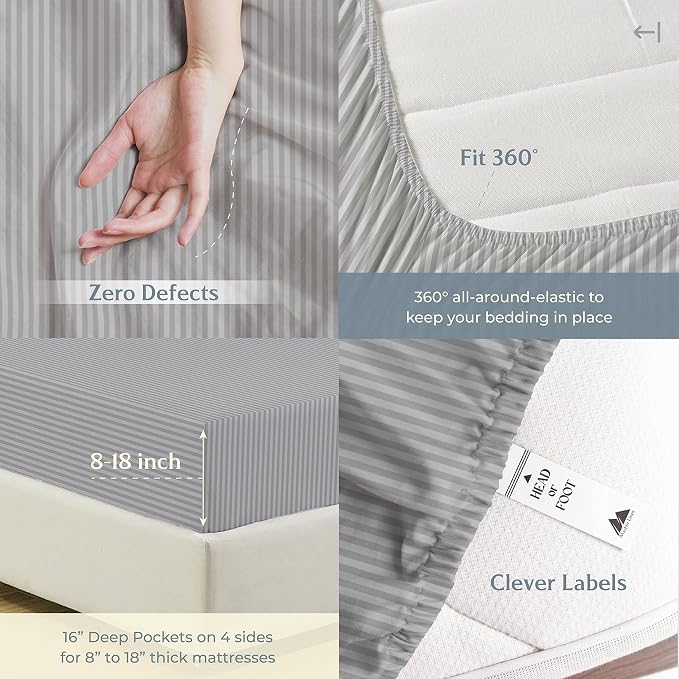 Mayfair Linen 100% Cotton Striped Sheets King Size Bed Set - Image 5