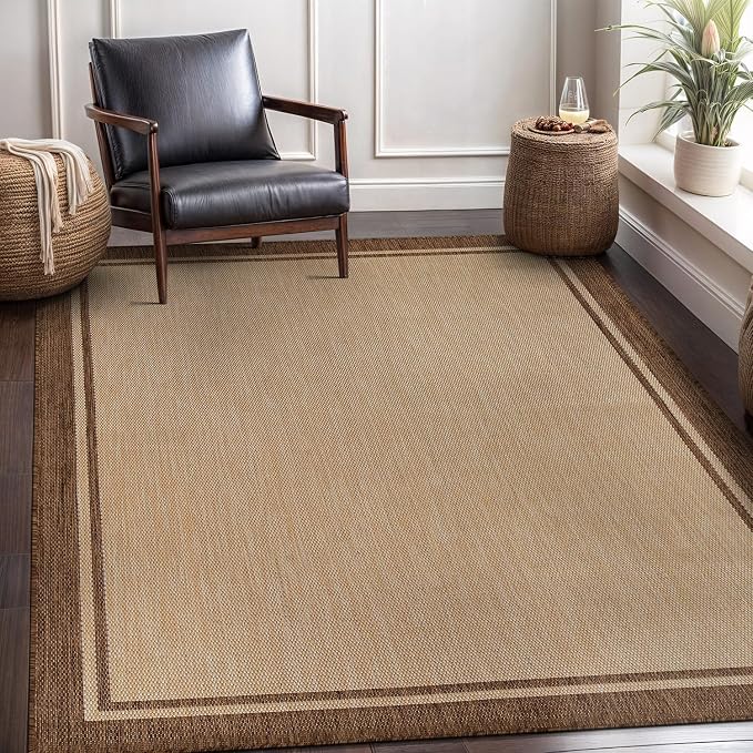 CAMILSON Outdoor Rug 8x10 Bordered Natural Brown Modern Area Rugs - Image 6