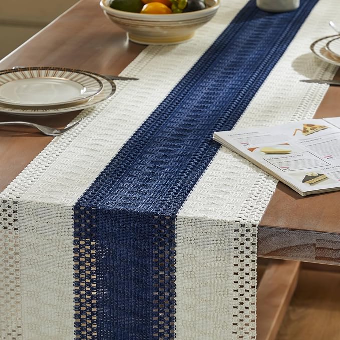ZeeMart Macrame Style Bicolor Stitching Table Runner, 14 x 108 Inch Navy - Image 5