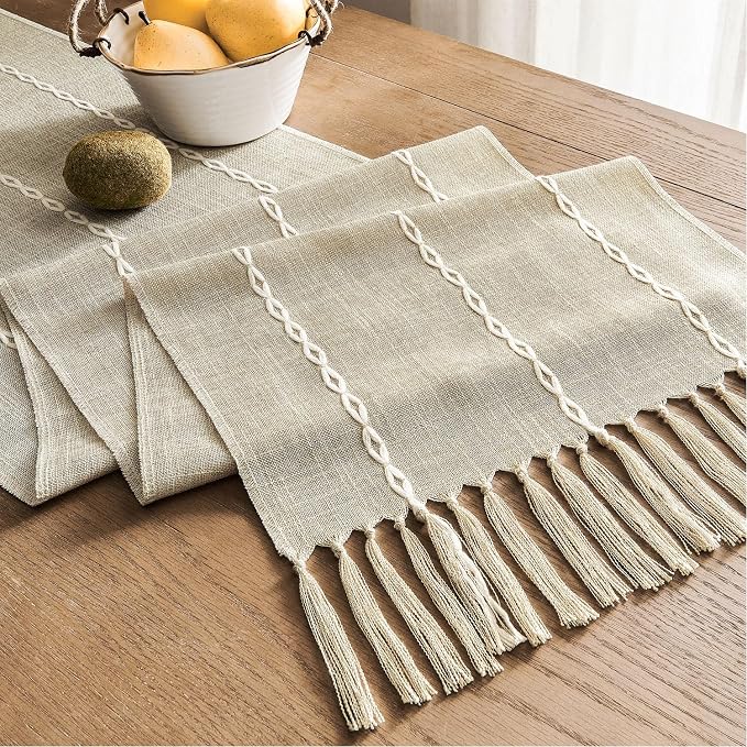 ZeeMart Farmhouse Braided Striped Table Runner, Rustic Beige Table Runners 72 - Image 7