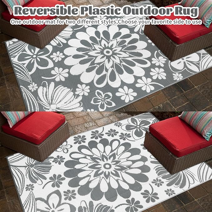Ileading Outdoor Plastic Straw Rug 9x12ft Funny Floral Style Reversible Patio - Image 3
