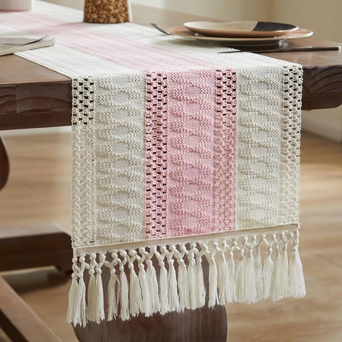 ZeeMart Macrame Style Bicolor Stitching Table Runner, 14 x 90 Inch Light - Image 7