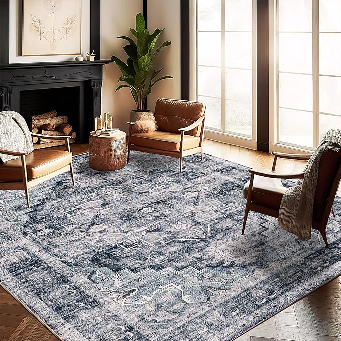 Washable Area Rug 8'x10' Dark Blue Retro Boho Design Non-Shedding Non-Slip Easy by CHAMPLANT
