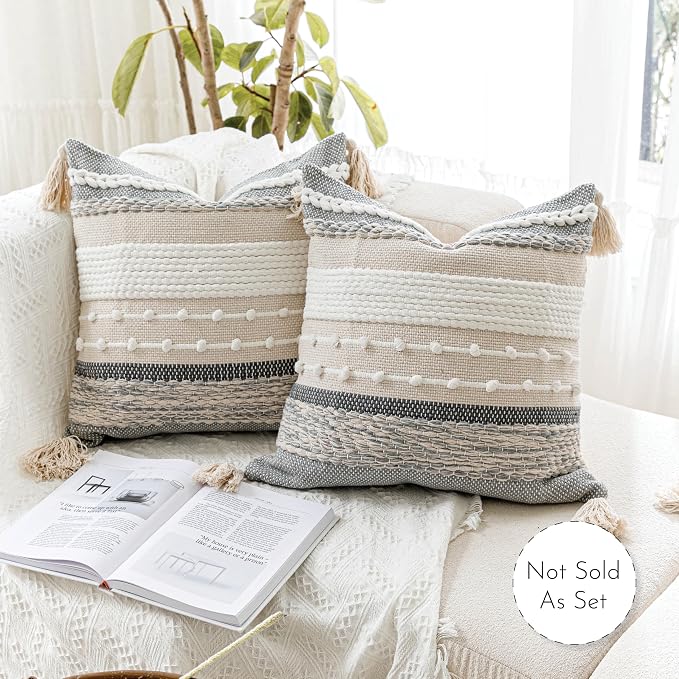 BlissBlush Gray Boho Throw Pillow Cover 18x18 Grey Decorative Accent Pillow - Image 6