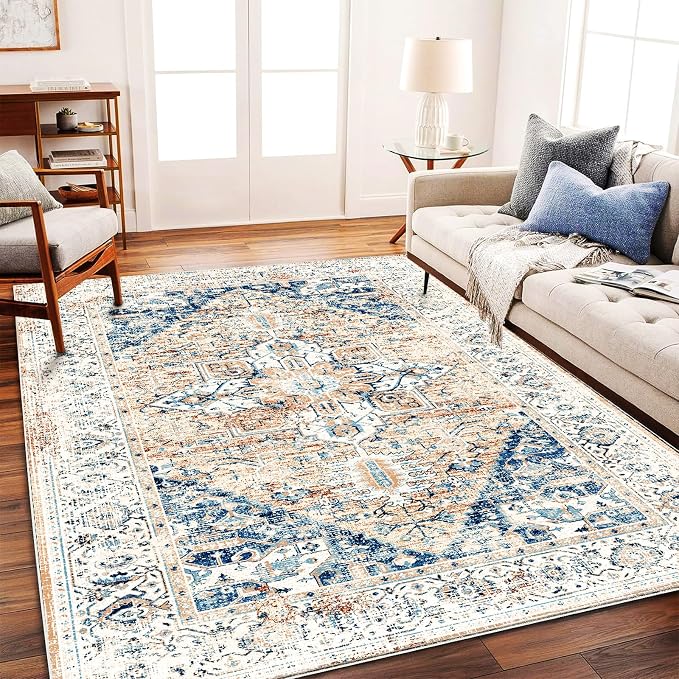 Washable Area Rug 5x7 for Living Room Retro Boho Chic Medallion Distressed by CHAMPLANT