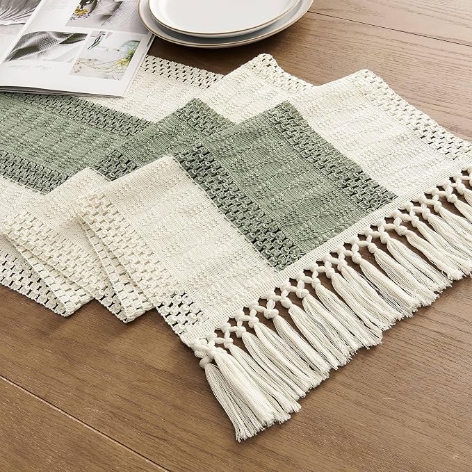 ZeeMart Macrame Style Bicolor Stitching Table Runner, 14 x 60 Inch Green/Ivory - Image 7
