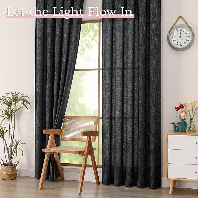Simplebrand Black Faux Linen Textured Semi Sheer Curtains 108 Inches Long 2 - Image 4
