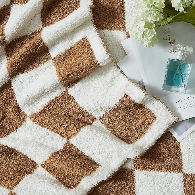 WRENSONGE Checkered Throw Blanket, Burnt Orange Soft Cozy Fluffy Warm Hand Made - Image 4