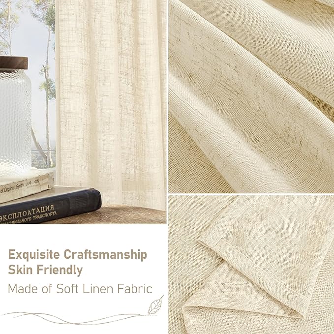 LAMIT Semi Sheer Beige Linen Curtains 36 Inch Length 2 Panels, Light Filtering - Image 6