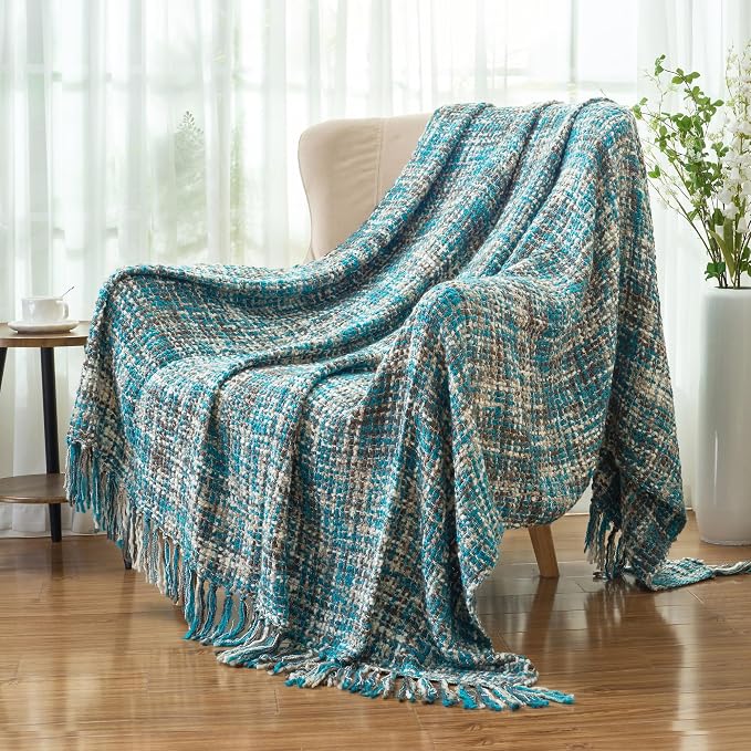 Multi-Color Teal Cable Knitted Throw Blanket - Image 6