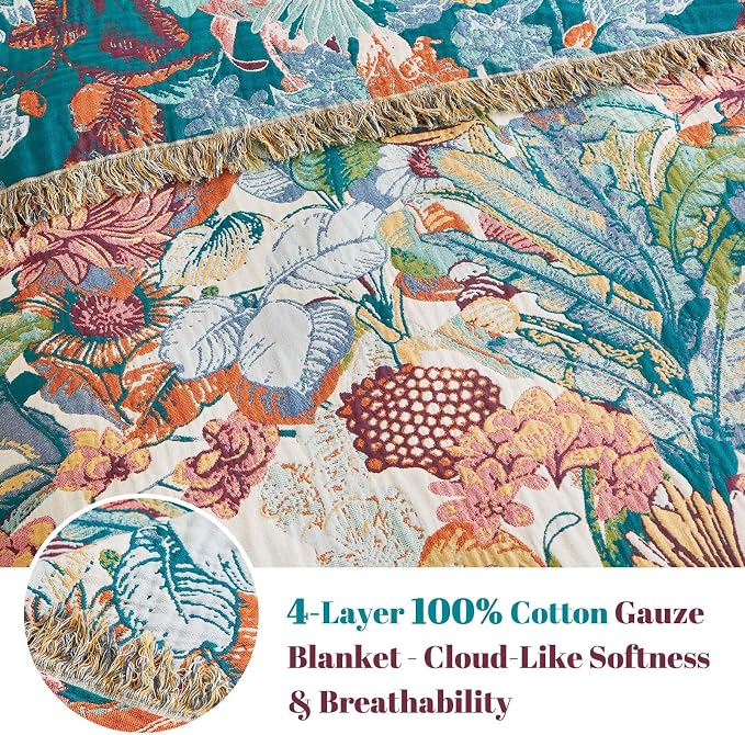 MSGKV Boho Throw Blanket for Bed Twin Size 100% Cotton Floral Blanket 60"x80" - Image 4