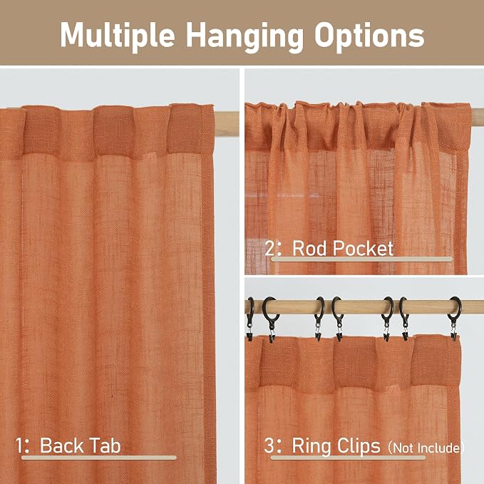 LAMIT Burnt Orange Sheer Linen Curtains, 84 inch Light Filtering Semi Sheer - Image 3