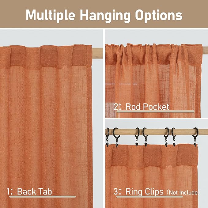 LAMIT Burnt Orange Sheer Linen Curtains, 80 inch Light Filtering Semi Sheer - Image 3