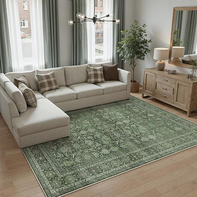 Area Rug 8x10 Green Washable Living Room Carpet Soft Non Slip Vintage Bedroom - Image 5