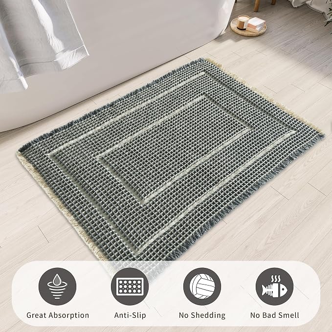 Bath Boho Floor Mat, Waffle Bath Rug, Super Absorbent Bathroom Mat, Bath Rugs - Image 3