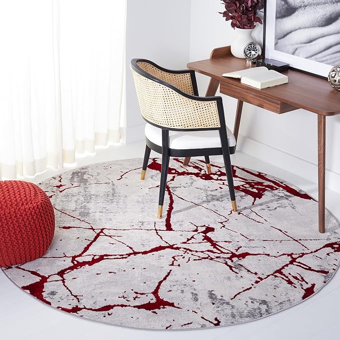 SAFAVIEH Amelia Collection 6'7" Round Grey/Red ALA293L Modern Abstract by SAFAVIEH