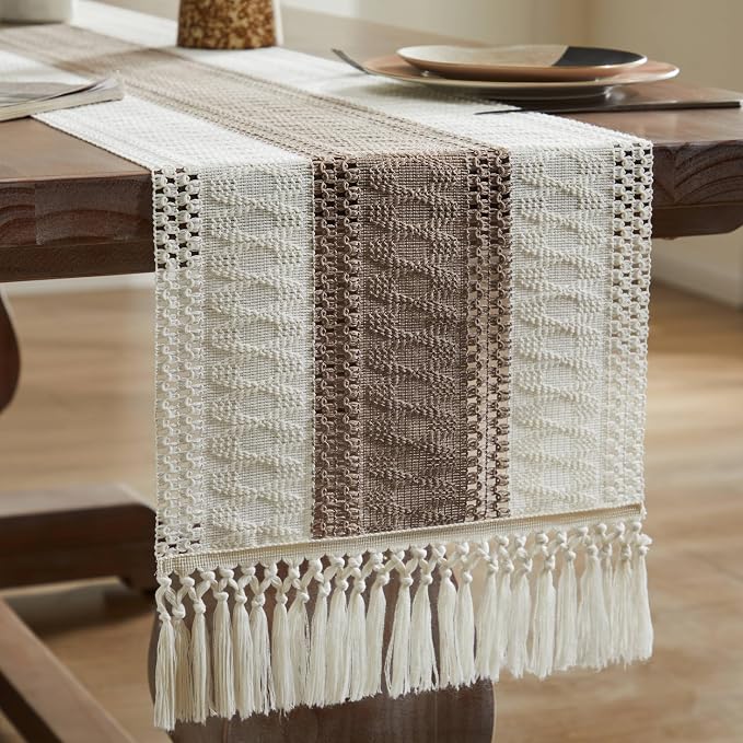 ZeeMart Macrame Style Bicolor Stitching Table Runner, 14 x 36 Inch Cocoa - Image 7