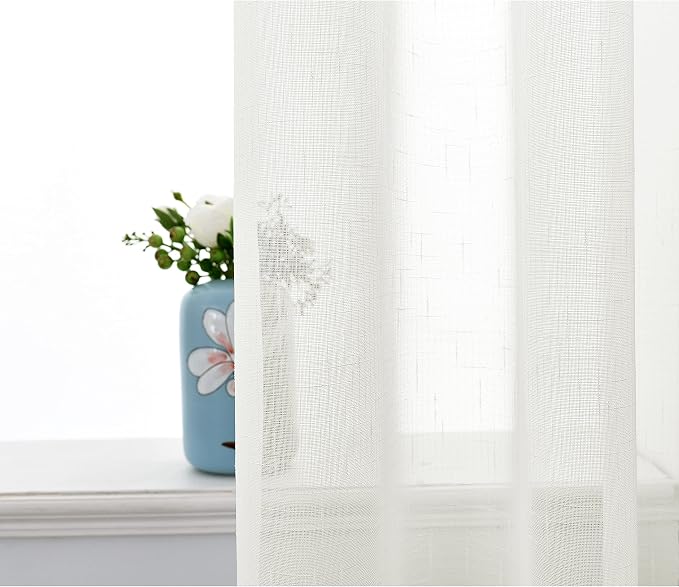 Sheer Curtains Faux Linen Semi Voile Light Filtering Drapes Pair - Image 3