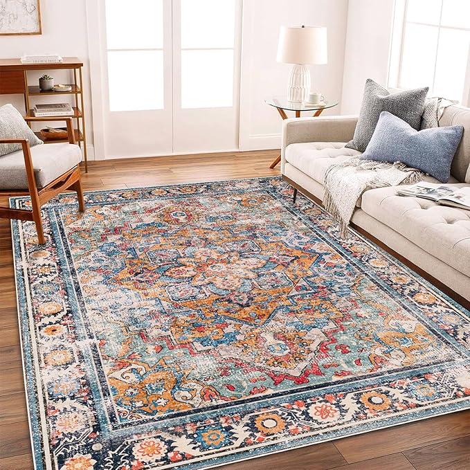 Washable Area Rug 8'x10' Boho Chic Medallion Distressed Design Non-Shedding by CHAMPLANT