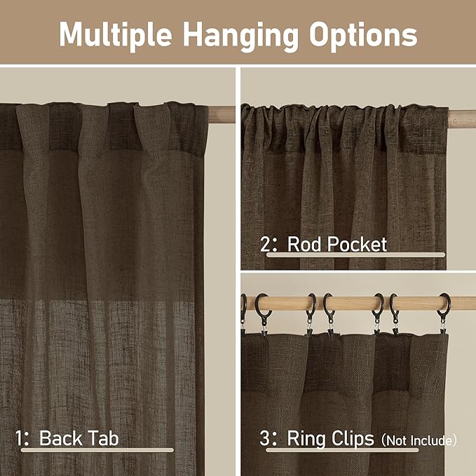 LAMIT Dark Brown Sheer Linen Curtains, 108 inch Light Filtering Semi Sheer - Image 3