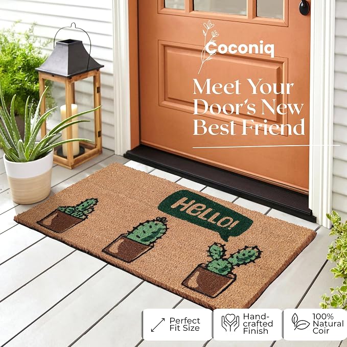 Coir Door Mats 17" X 30", Non-Slip Sturdy, PVC Backed Heavy Duty, Hello Cactus - Image 3