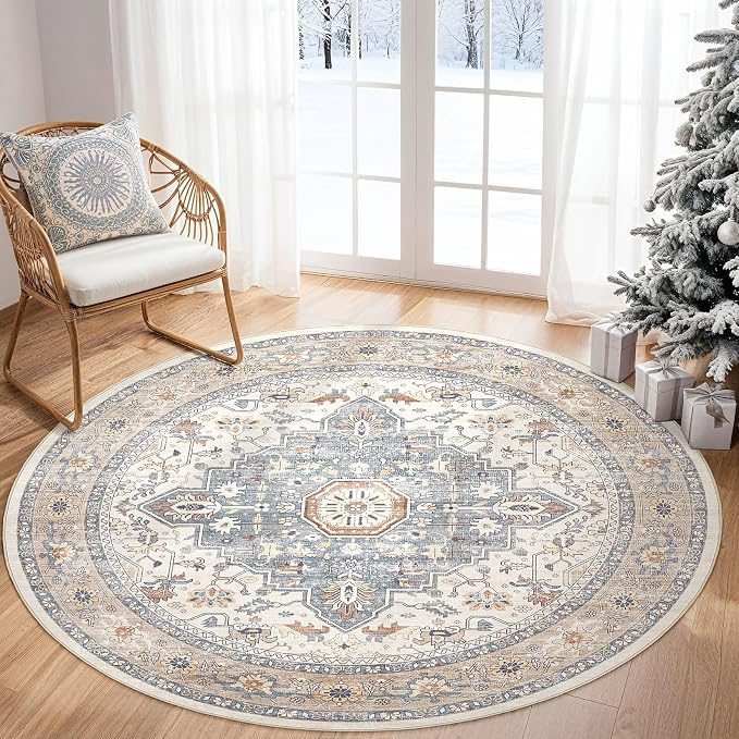 Round Rug Living Room Rugs: 4x4 Washable Boho Neutral Large Circle Soft Indoor - Image 7