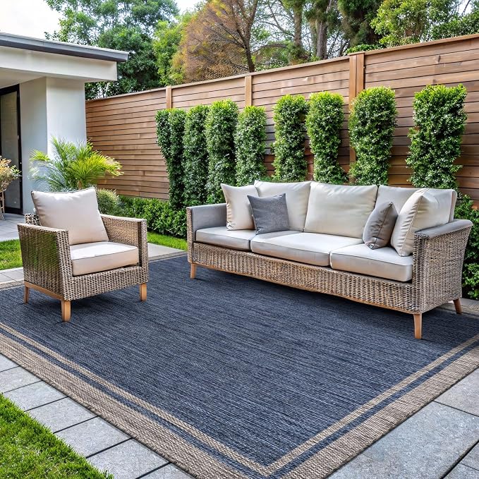 CAMILSON Indoor Outdoor Rug, 10x14 Bordered Navy Blue Gray Modern Large Area - Image 4