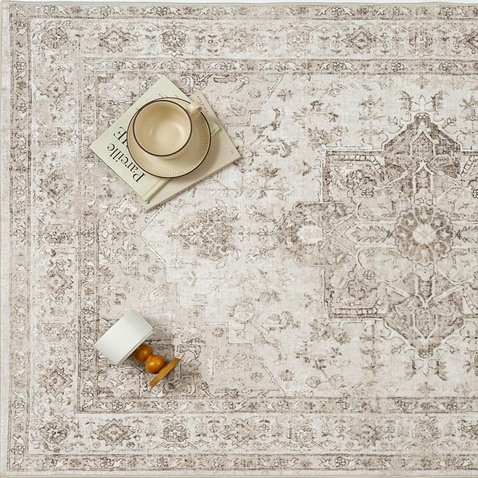 Taupe Area Rug 4x5 Washable Vintage Carpet - Image 4
