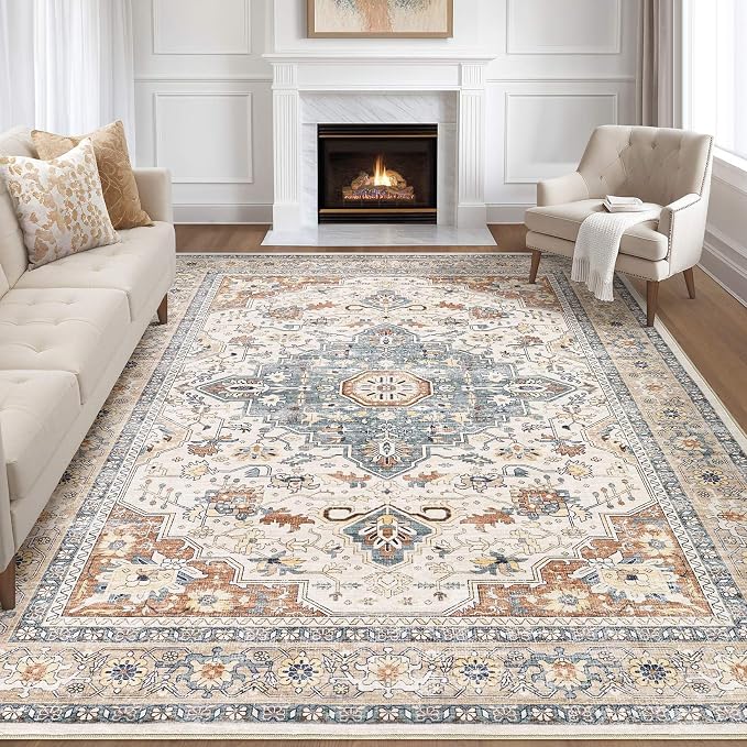 12x18 Rug Living Room: Washable Boho Large Neutral Vintage Soft Area Rug Stain by LOONGRUG