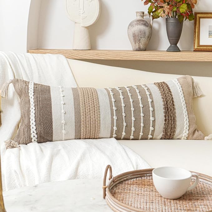 BlissBlush Brown Decorative Lumbar Pillow Cover 14x36 Boho Long Body Pillow by BlissBlush