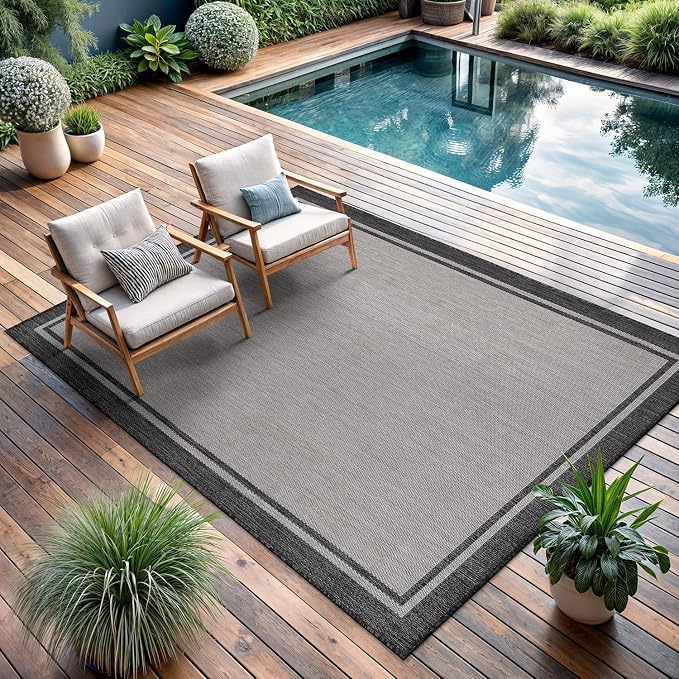 CAMILSON Indoor Outdoor Rug, 5x7 Bordered Gray Modern Area Rugs - Image 6