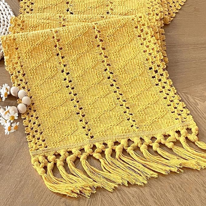 Yellow Table Runner with Tassels 90 Inches Long by FEXIA