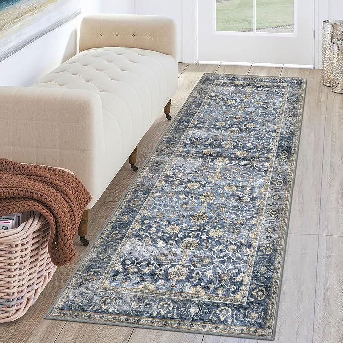 KUTA Vintage Washable Runner Rug, 2x6 Blue Grey Beige Runners by KUTA