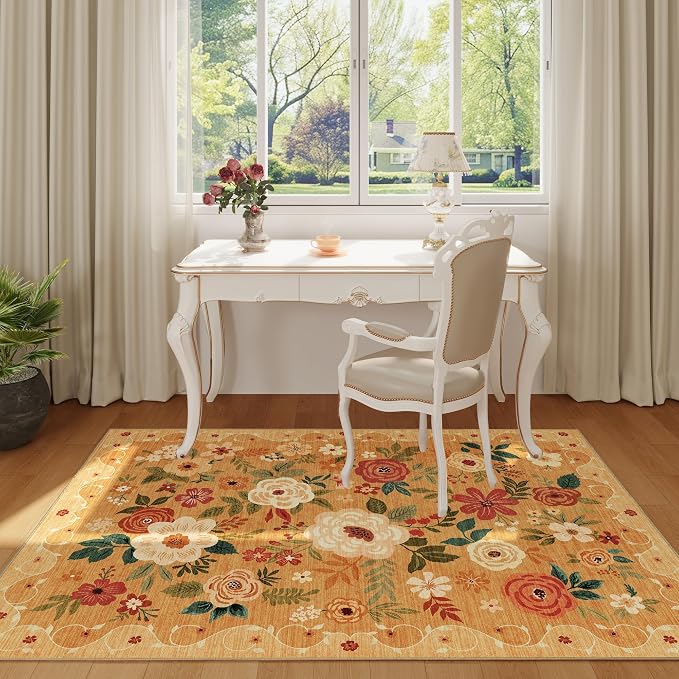 DUKINO 4x6 Area Rug, Lightweight Non Slip Washable Floral Rug, Indoor Low Pile - Image 2