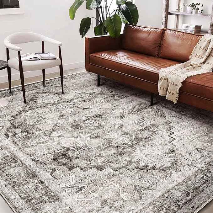 Washable Area Rug 9'x12' Deep Khaki Retro Flowers Boho Design Non-Shedding Easy - Image 2