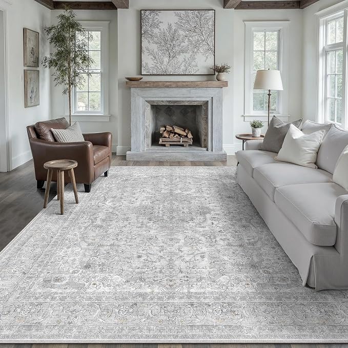 Gray Area Rug 8x10 for Living Room Washable Vintage Carpet Low Pile Non Slip by PureCozy