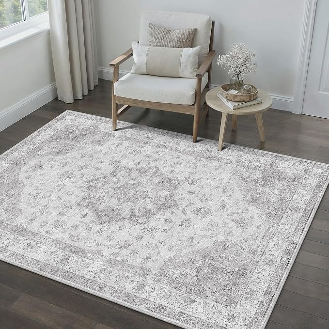 Gray Area Rug 3x4 Washable Vintage Carpet Entryway Office Soft Retro Kitchen - Image 5
