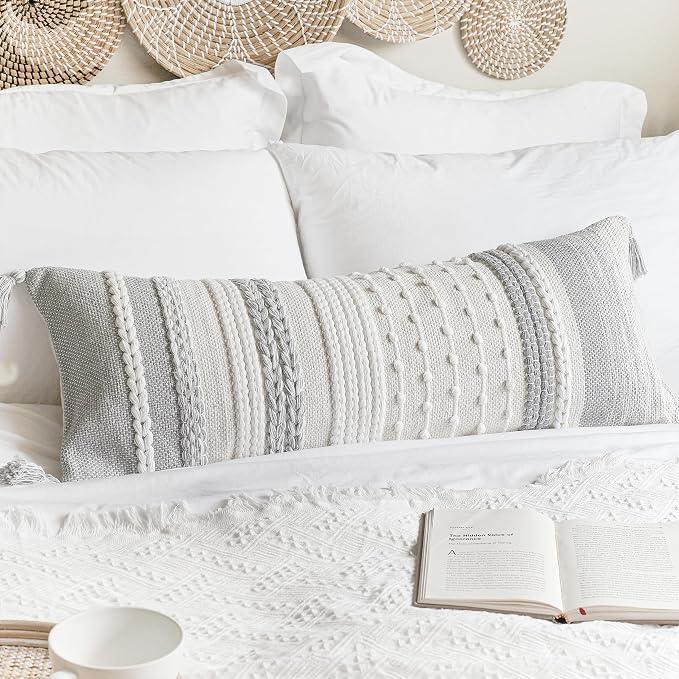 BlissBlush Gray Decorative Lumbar Pillow Cover 14x36, Farmhouse Lumbar Throw by BlissBlush