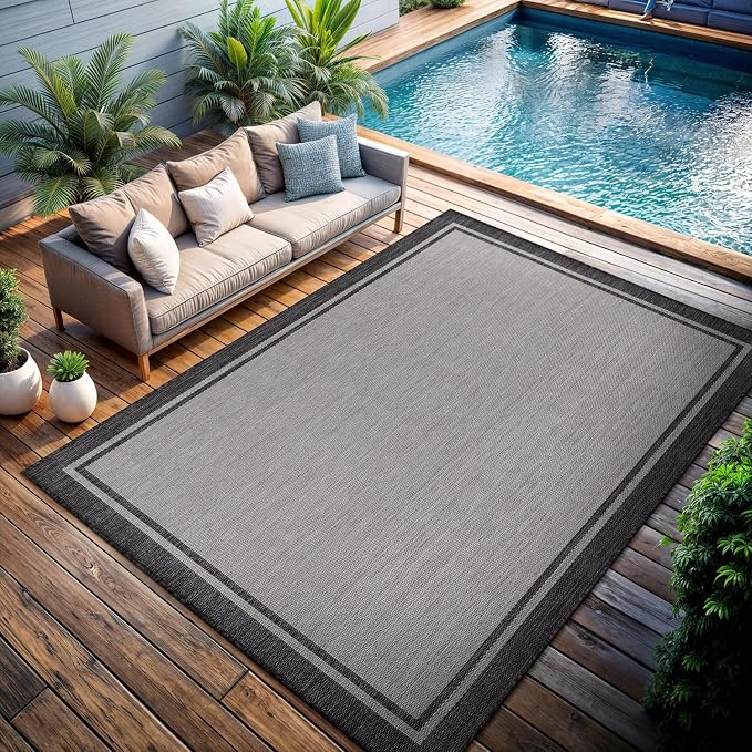 CAMILSON Indoor Outdoor Rug, 9x12 Bordered Gray Modern Area Rugs - Image 9