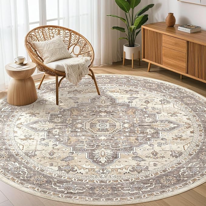 Round Rug Living Room Rugs: 8Ft Washable Boho Neutral Large Circle Soft Indoor - Image 8