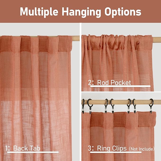 LAMIT Terracotta Linen Boho Curtains 78 inch Length 2 Panels, Light Filtering - Image 3