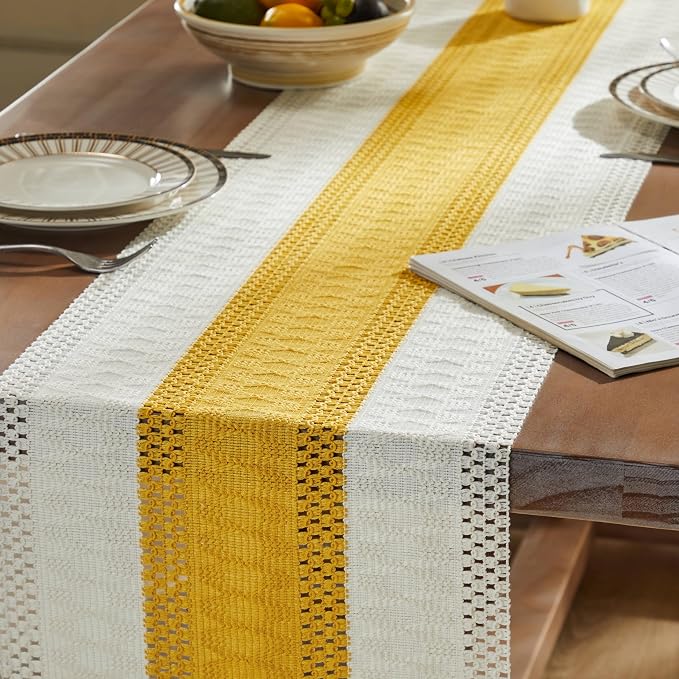 ZeeMart Macrame Style Bicolor Stitching Table Runner, 14 x 36 Inch Mustard/Ivory - Image 5
